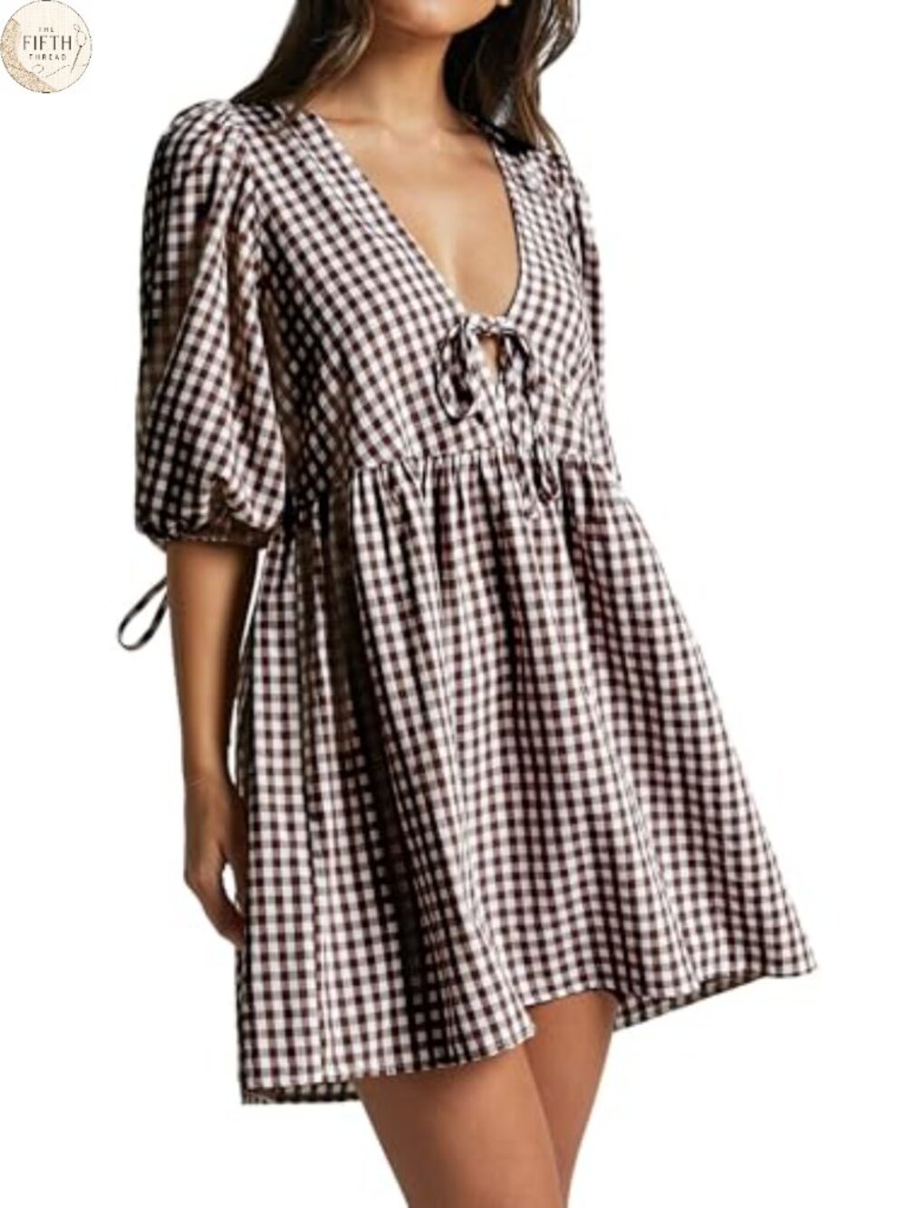 Puff Sleeve Babydoll Dress V-Neck Cotton Mini